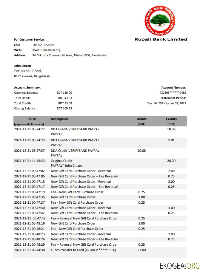 Relevé de la banque Rupalii du Bangladesh